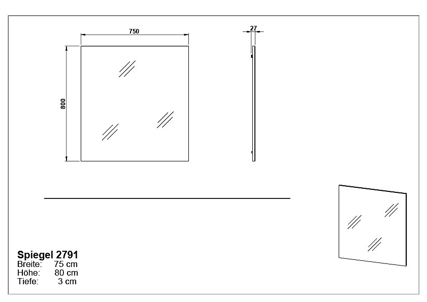 Rechteckiger Spiegel mit den Maßen 75 cm Breite, 80 cm Höhe und 3 cm Tiefe, Seitenansicht und perspektivische Ansicht enthalten.