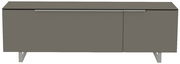 Frontansicht eines modernen, grauen TV-Lowboards mit zwei Türen und Metallbeinen.