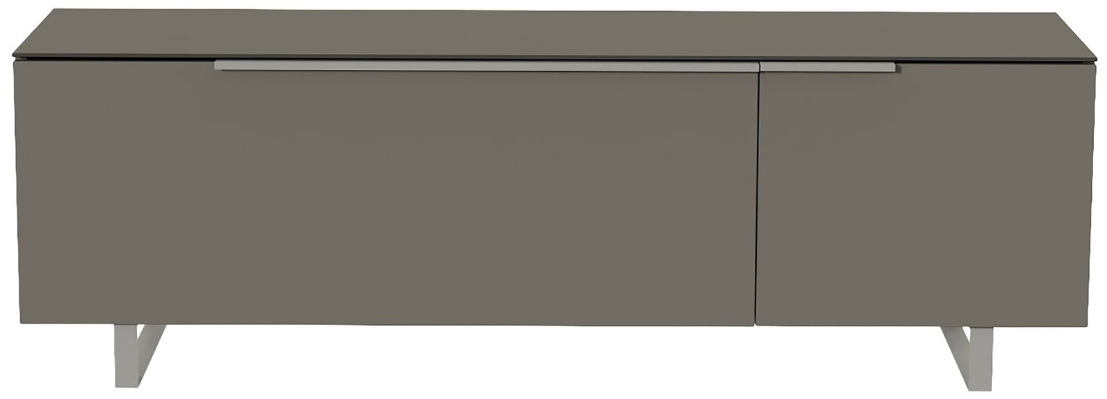 Frontansicht eines modernen, grauen TV-Lowboards mit zwei Türen und Metallbeinen.
