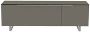 Frontansicht eines modernen, grauen TV-Lowboards mit zwei Türen und Metallbeinen.
