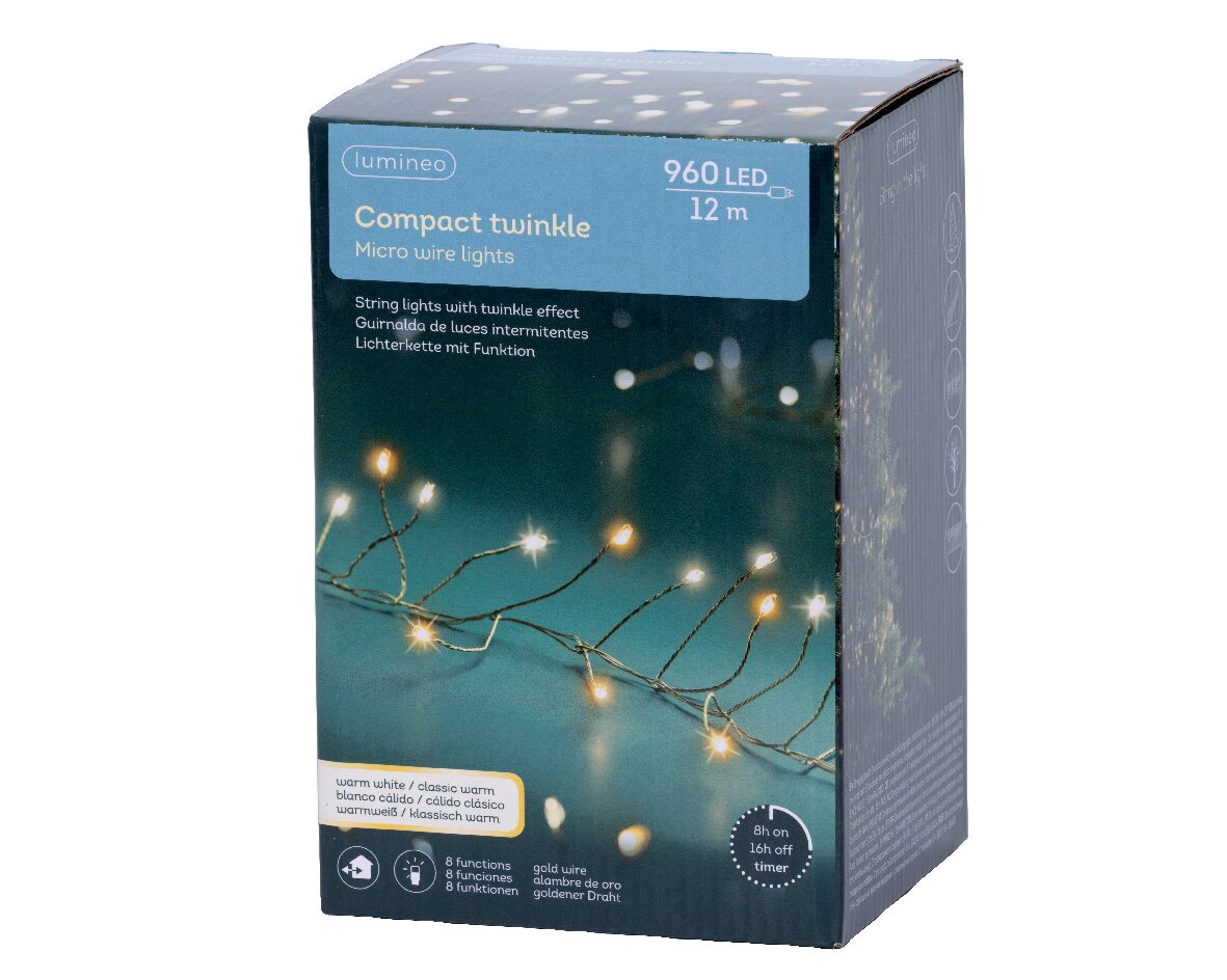 Verpackung der Lumineo Compact Twinkle Micro LED Lichterkette mit 960 warmweißen LEDs auf 12 m Länge, seitliche Perspektive