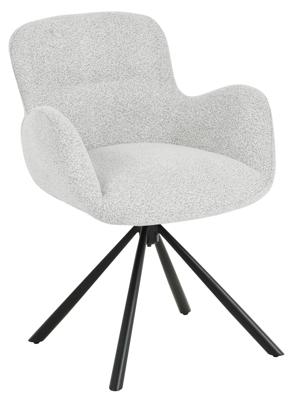 Moderner Armlehnstuhl mit grauem Stoffbezug und schwarzem Metallgestell, seitliche Perspektive