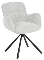 Moderner Armlehnstuhl mit grauem Stoffbezug und schwarzem Metallgestell, seitliche Perspektive