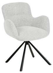 Moderne fauteuil met grijze stoffen bekleding en een zwart metalen frame, zijaanzicht