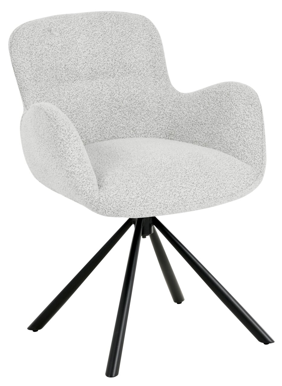 Moderne fauteuil met grijze stoffen bekleding en een zwart metalen frame, zijaanzicht