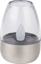 Solarbetriebene Tischleuchte mit transparentem Gehäuse und Edelstahlbasis, seitliche Perspektive