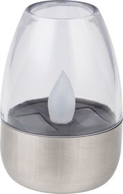 Solarbetriebene Tischleuchte mit transparentem Gehäuse und Edelstahlbasis, seitliche Perspektive