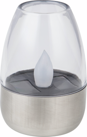 Solarbetriebene Tischleuchte mit transparentem Gehäuse und Edelstahlbasis, seitliche Perspektive