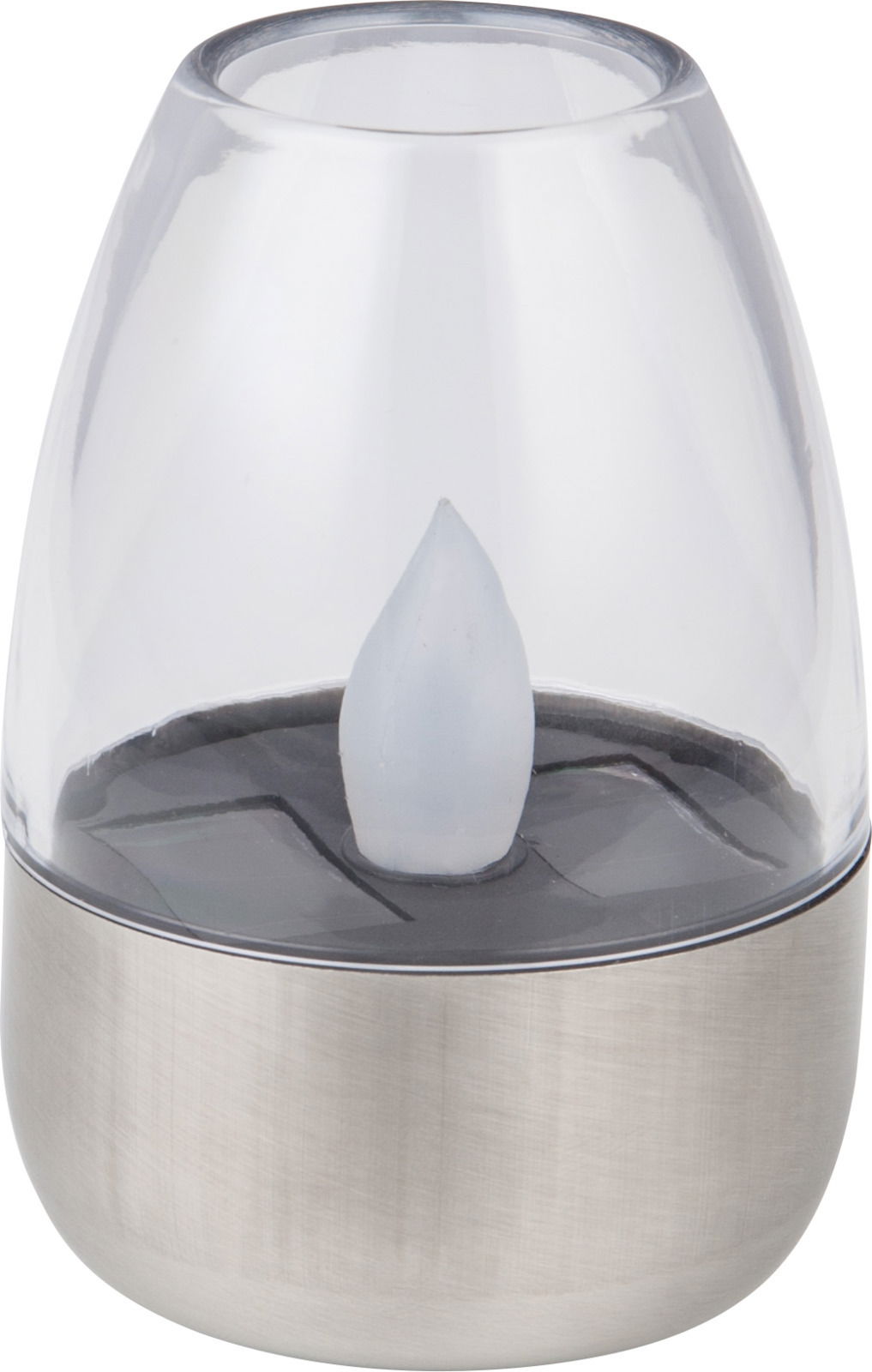 Solarbetriebene Tischleuchte mit transparentem Gehäuse und Edelstahlbasis, seitliche Perspektive