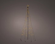 Leuchtender, kegelförmiger Weihnachtsbaum aus schwarzem Metallgestell mit warmweißen Lichterketten, frontal aus leichter Untersicht vor neutralem Hintergrund dargestellt