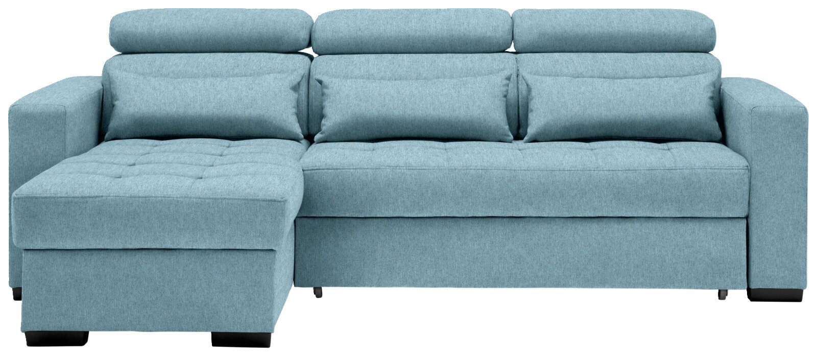 Ecksofa MONSON Frontale Ansicht einer modernen, hellblauen Rundecke mit verstellbaren Kopfstützen und gepolsterten Kissen.