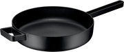 Schwarze Sautierpfanne aus Gusseisen mit langem Griff und zusätzlichem Haltegriff, seitliche Perspektive