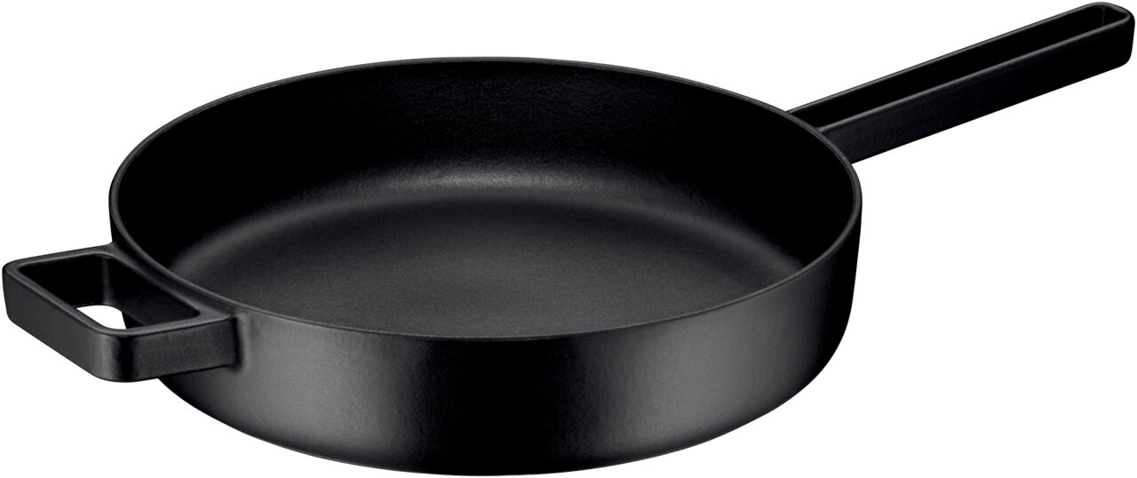 Schwarze Sautierpfanne aus Gusseisen mit langem Griff und zusätzlichem Haltegriff, seitliche Perspektive