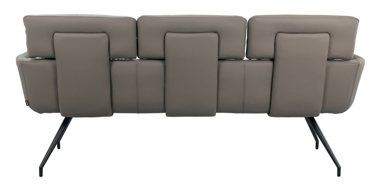 Rückansicht einer modernen Sitzbank mit drei gepolsterten Rückenkissen und schlanken Metallbeinen.