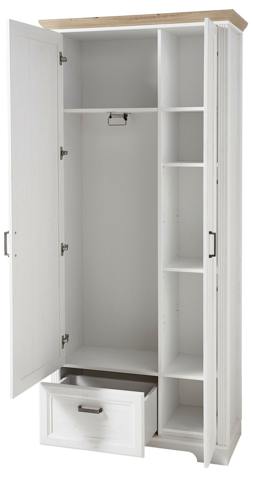Offener weißer Garderobenschrank mit Holzakzent oben, mehreren Fächern und einer Schublade, Frontalansicht.