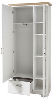 Offener weißer Garderobenschrank mit Holzakzent oben, mehreren Fächern und einer Schublade, Frontalansicht.