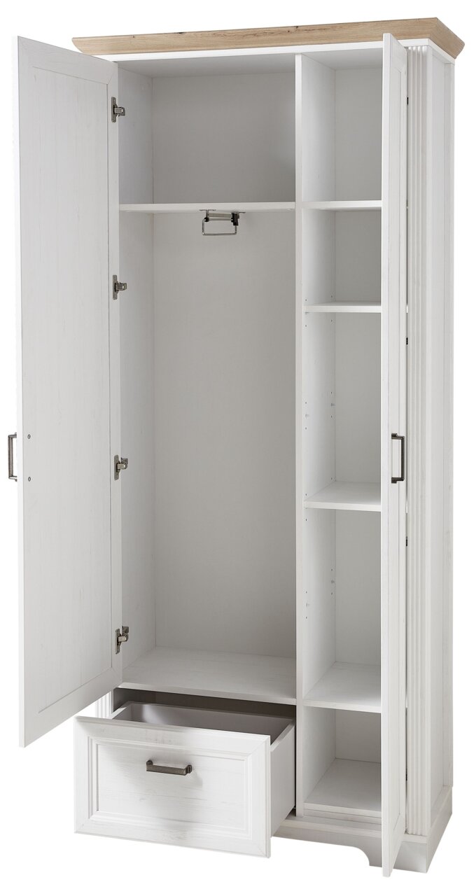 Offener weißer Garderobenschrank mit Holzakzent oben, mehreren Fächern und einer Schublade, Frontalansicht.