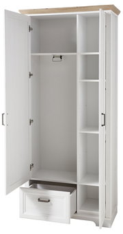 Offener weißer Garderobenschrank mit Holzakzent oben, mehreren Fächern und einer Schublade, Frontalansicht.