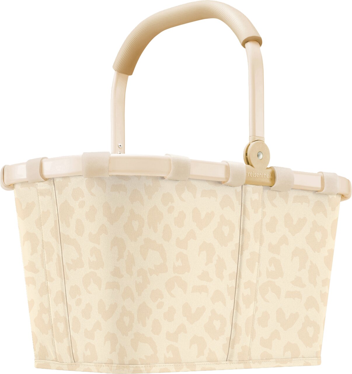 Beiger Einkaufskorb mit hellem Leopardenmuster und klappbarem Tragebügel, Frontansicht leicht von oben auf weißem Hintergrund