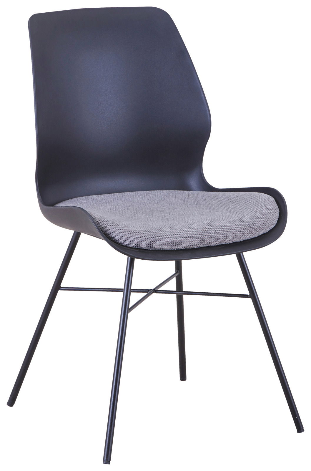 Moderner schwarzer Stuhl mit grauer Sitzfläche, seitliche Perspektive