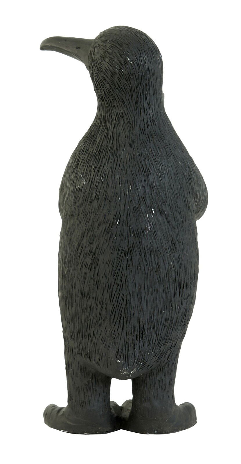 Rückansicht einer schwarzen Pinguin-förmigen Tischleuchte, die aufrecht steht.