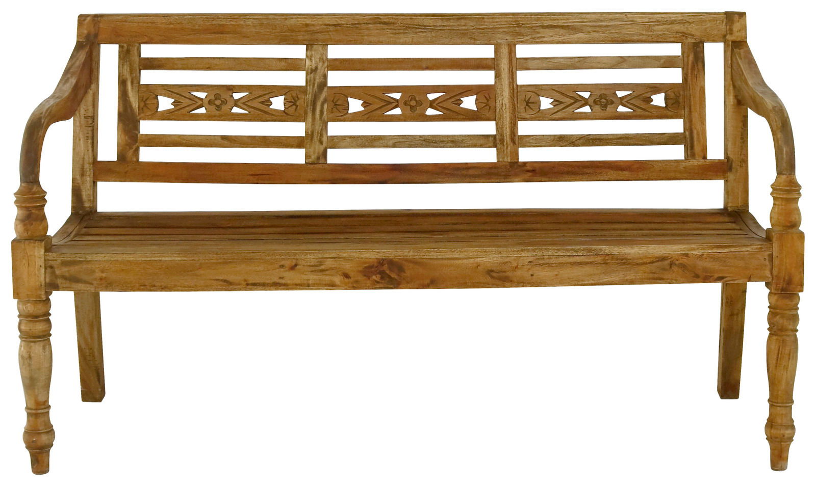 Holzgartenbank mit dekorativer Rückenlehne, Frontalansicht