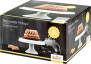 Verpackung einer Tortenplatte Vintage aus Keramik, Ø 23 cm, mit einem Kuchen darauf, seitliche Perspektive