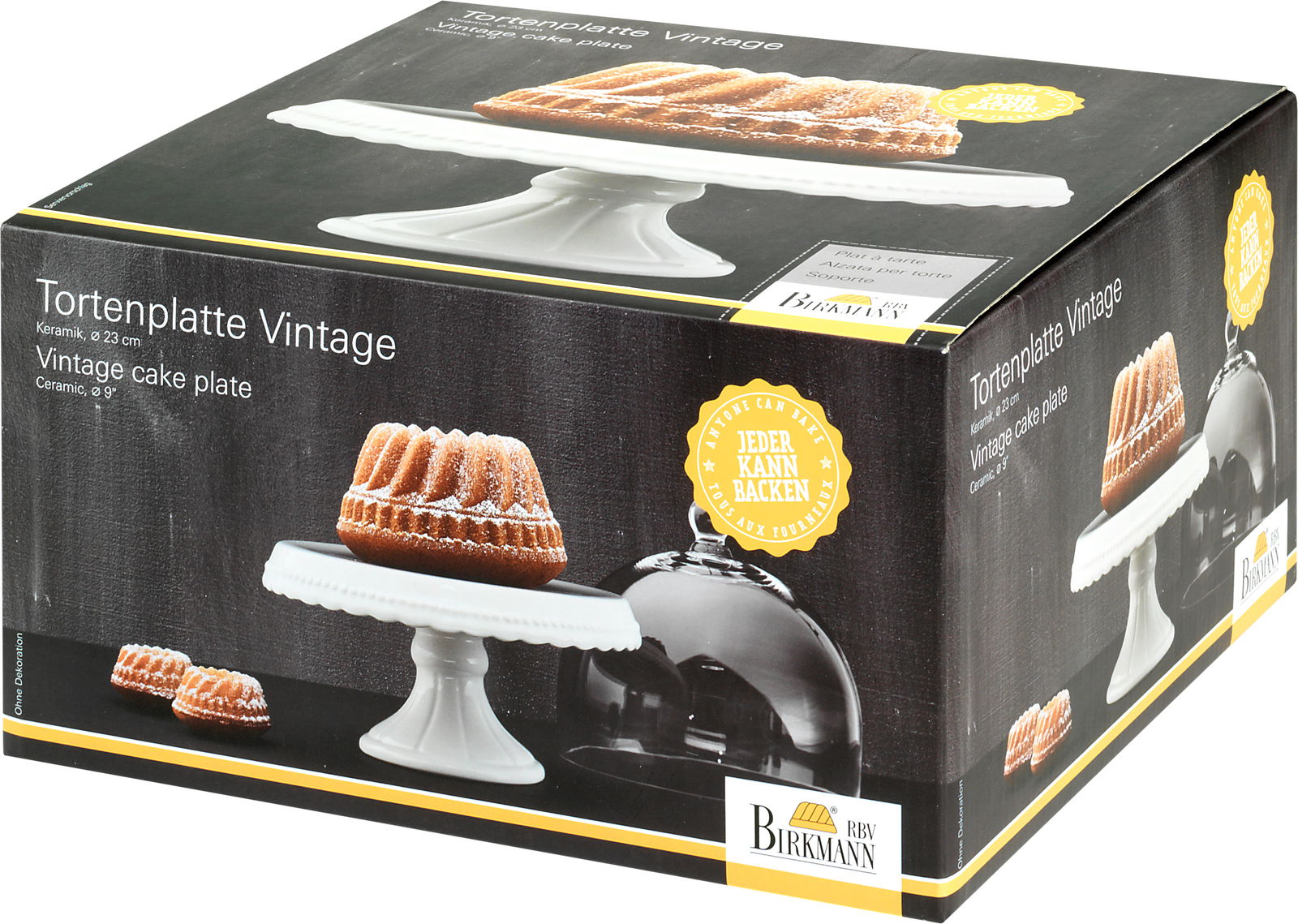 Verpackung einer Tortenplatte Vintage aus Keramik, Ø 23 cm, mit einem Kuchen darauf, seitliche Perspektive