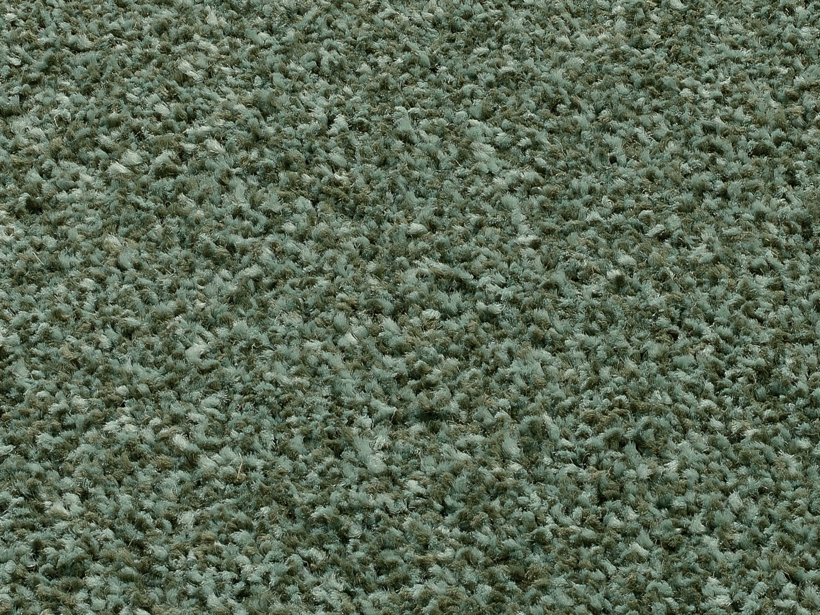 Nahaufnahme eines Uni-Teppichs in grünlicher Farbe, von oben betrachtet.