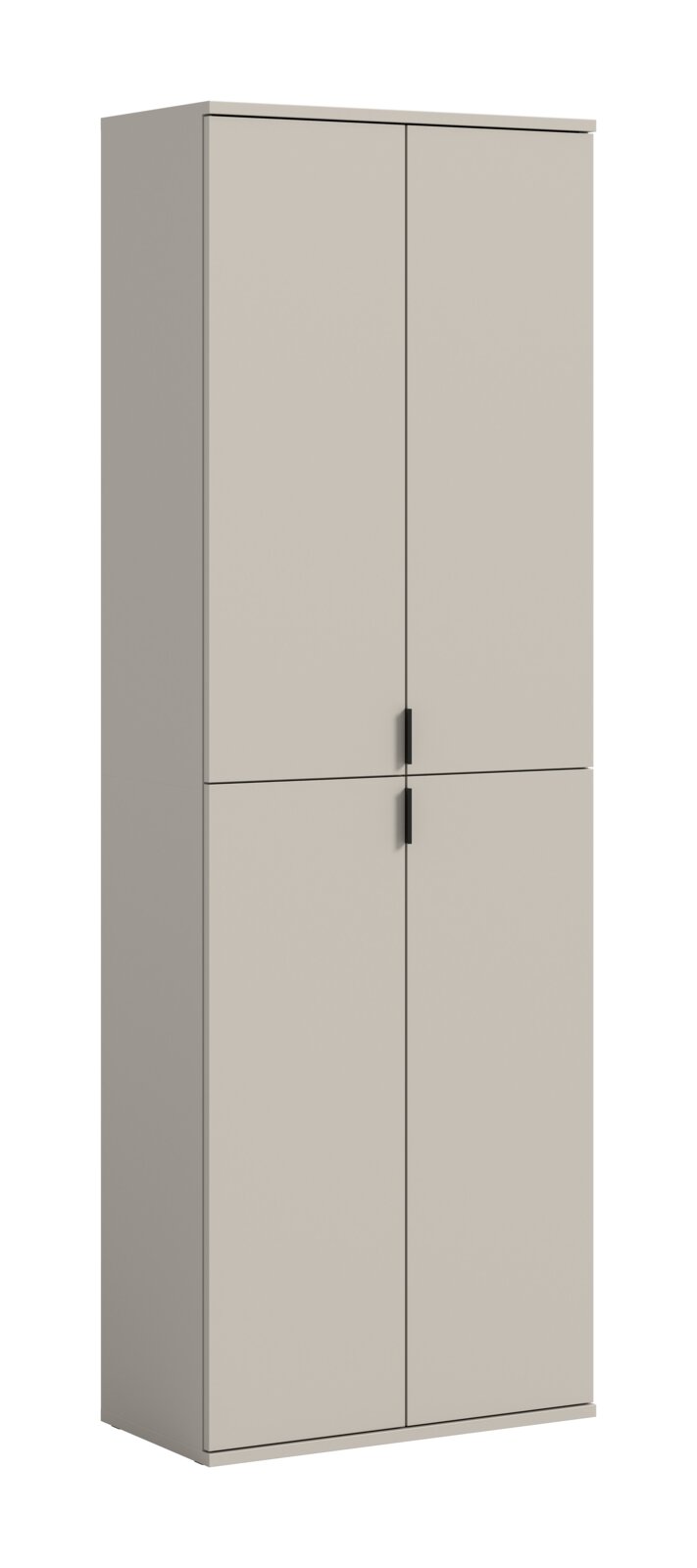 Hoher, moderner Aufbewahrungsschrank in Beige mit vier glatten Türen und schwarzen Griffen, freistehend auf weißem Hintergrund, in leicht schräger Frontansicht von links.
