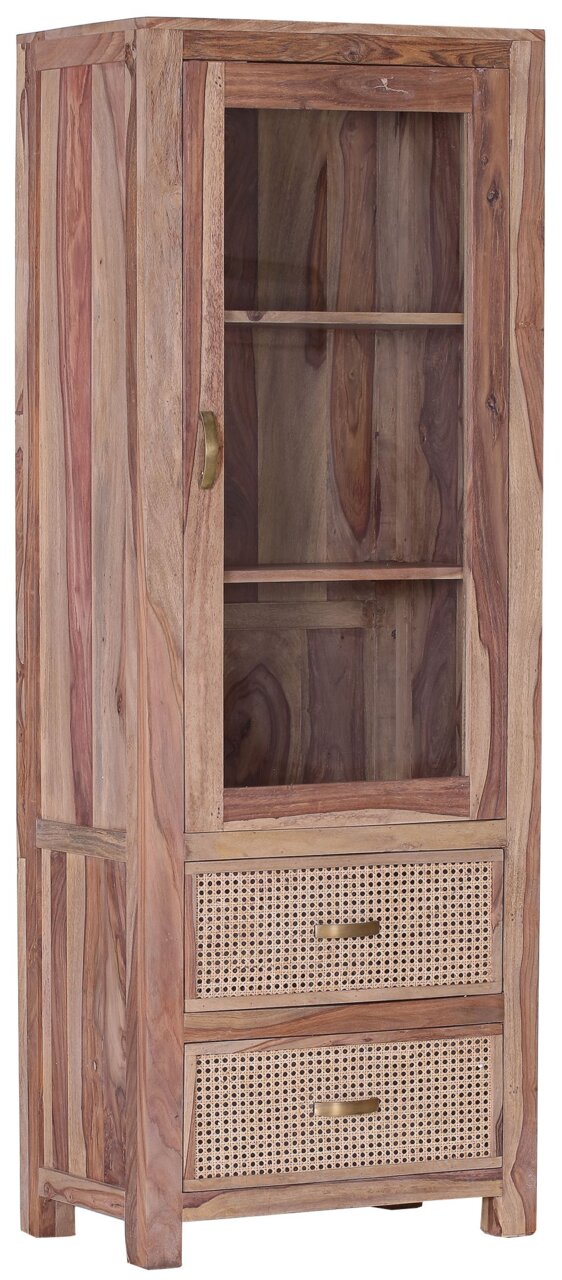Holzvitrine mit Glastür und zwei geflochtenen Schubladen, seitliche Perspektive