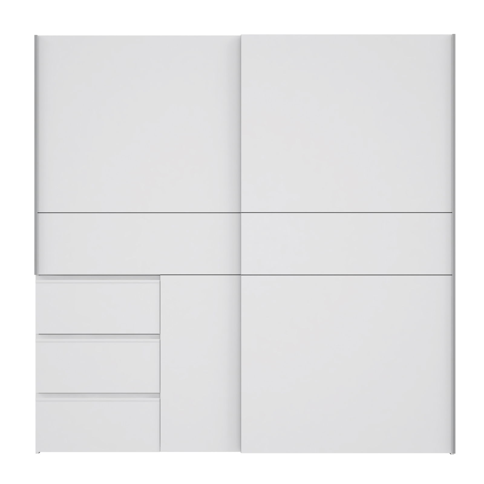 Moderner weißer Schwebetürenschrank mit drei Schubladen, Frontalansicht