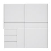 Moderner weißer Schwebetürenschrank mit drei Schubladen, Frontalansicht