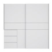 Moderner weißer Schwebetürenschrank mit drei Schubladen, Frontalansicht