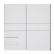 Moderner weißer Schwebetürenschrank mit drei Schubladen, Frontalansicht