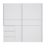 Moderner weißer Schwebetürenschrank mit drei Schubladen, Frontalansicht