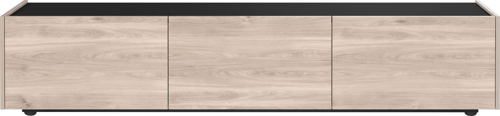 TV-Lowboard aus hellem Holz mit drei Türen, Frontansicht