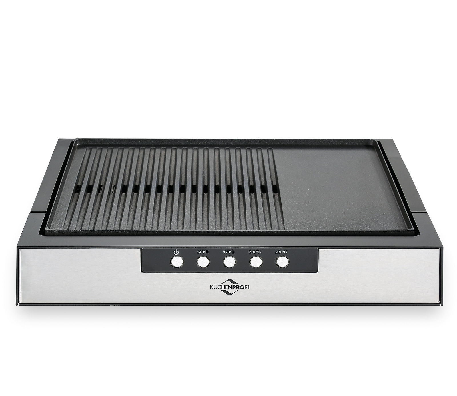 Moderner Tischgrill mit Edelstahlgehäuse und Temperaturregler, Vorderansicht