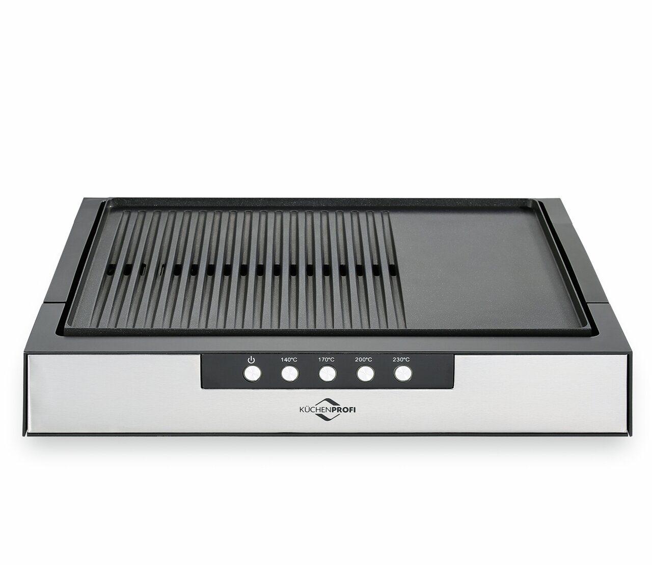 Moderner Tischgrill mit Edelstahlgehäuse und Temperaturregler, Vorderansicht