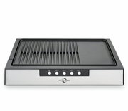 Moderner Tischgrill mit Edelstahlgehäuse und Temperaturregler, Vorderansicht