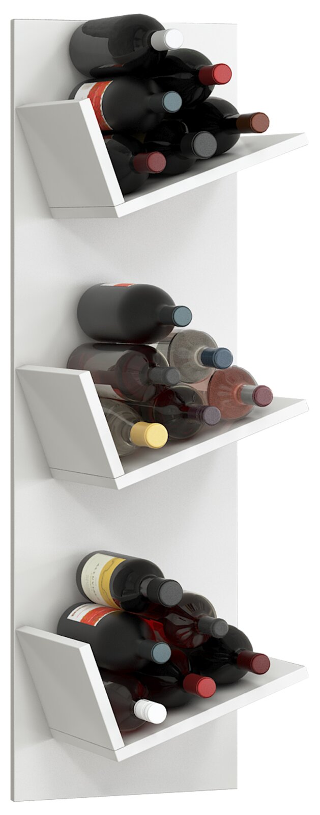 VCM Weinregal VINOSI Weißes, wandmontiertes Weinregal mit drei schrägen Ablagen, auf denen mehrere Weinflaschen horizontal lagern; Ansicht schräg von vorne.