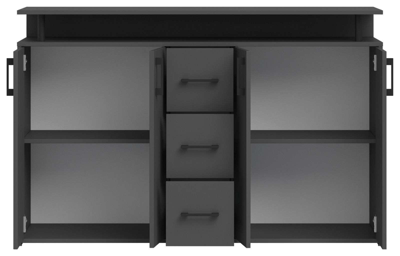 Schwarzes Sideboard mit zwei offenen Türen und drei Schubladen in der Mitte, frontale Ansicht.