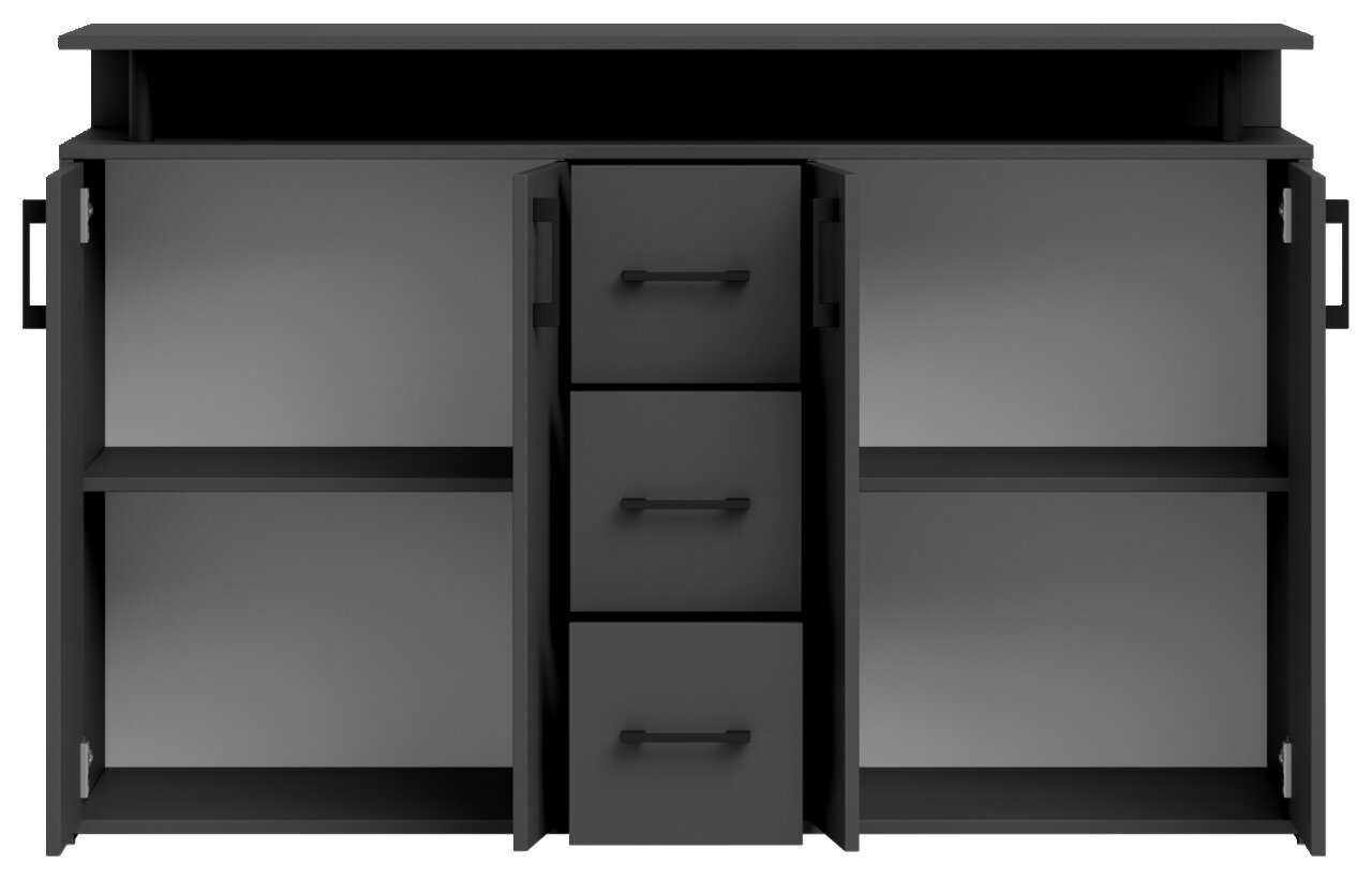 Schwarzes Sideboard mit zwei offenen Türen und drei Schubladen in der Mitte, frontale Ansicht.