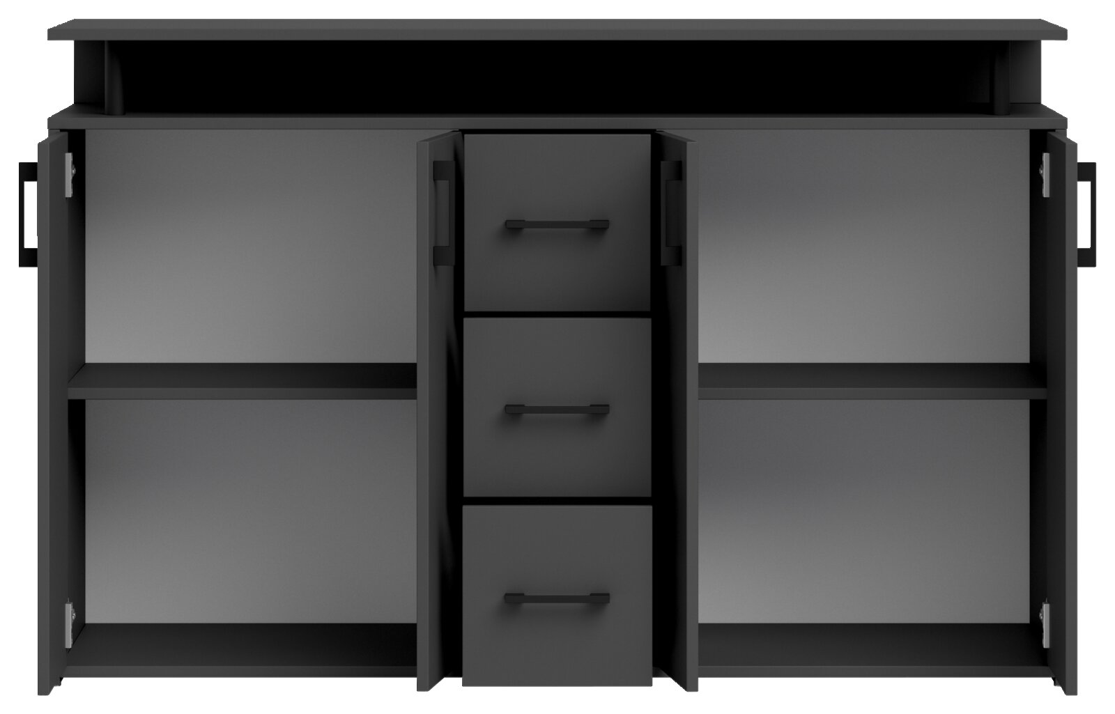 Zwart dressoir met twee open deuren en drie lades in het midden, gezien van voren.