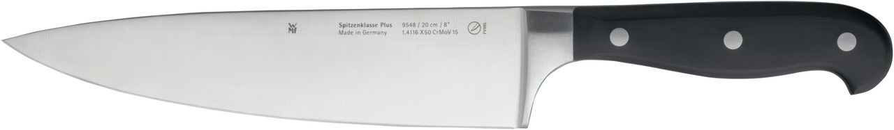 Küchenmesser mit schwarzem Griff und Edelstahlklinge, seitliche Ansicht