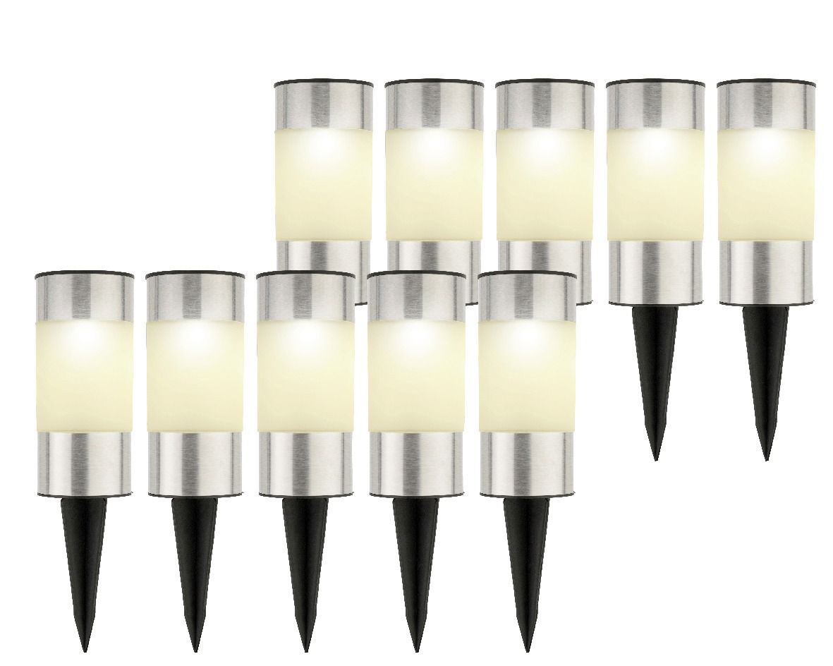 Lumineo Solar Stabbeleuchtung 10er-Set Set von Solar Stabbeleuchten aus Edelstahl mit schwarzem Erdspieß, seitliche Perspektive