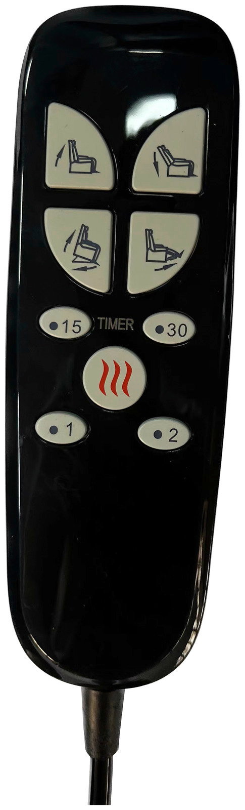 Fernbedienung für Fernsehsessel mit verschiedenen Einstellungsmöglichkeiten, aus der Vorderansicht fotografiert.