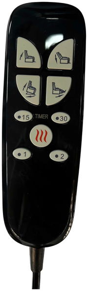 Fernbedienung für Fernsehsessel mit verschiedenen Einstellungsmöglichkeiten, aus der Vorderansicht fotografiert.