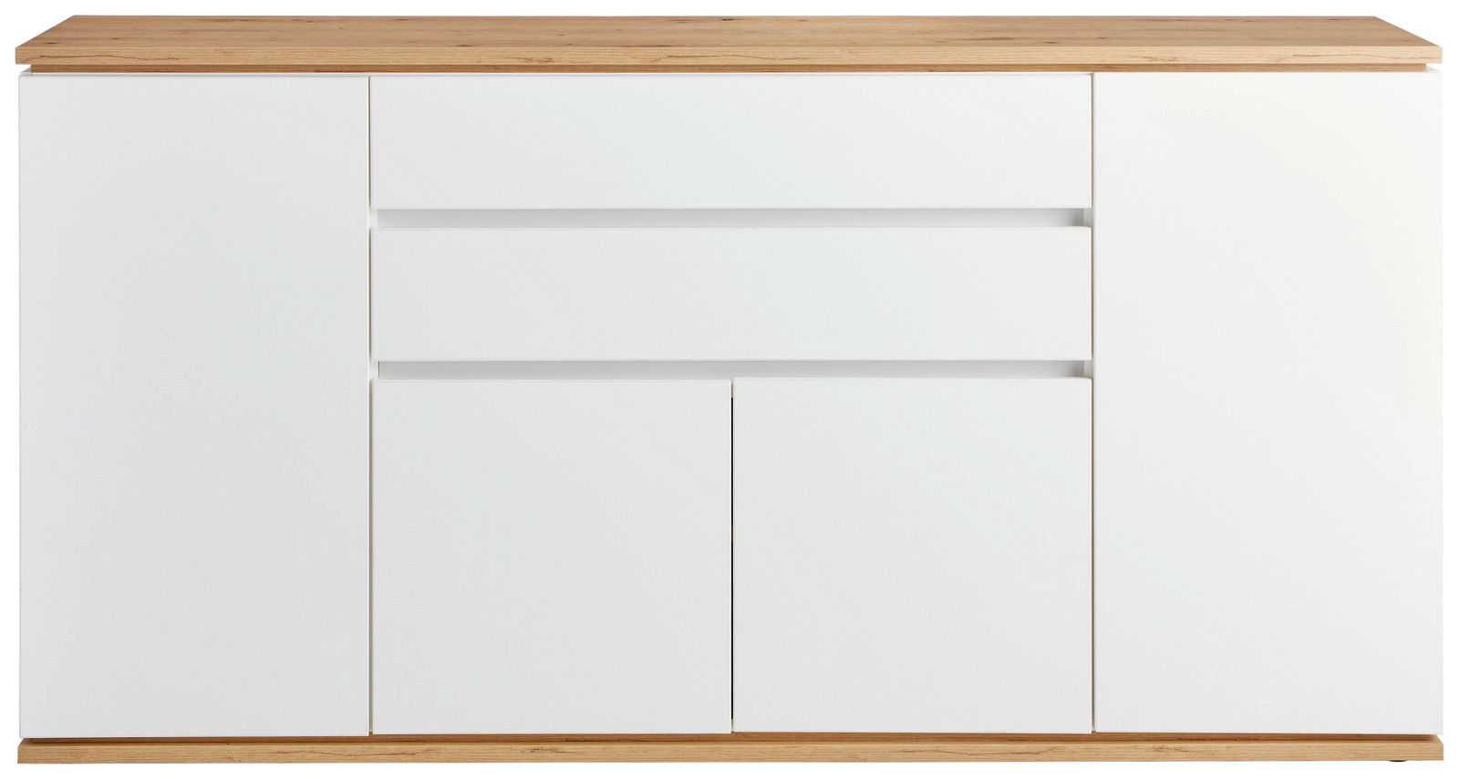 Frontale Ansicht des XORA Sideboards YAMAEL mit weißer Oberfläche und Holzdetails.