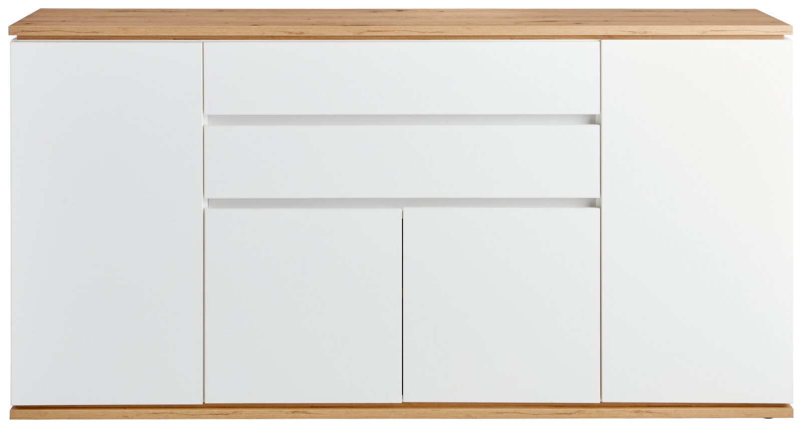 Frontale Ansicht des XORA Sideboards YAMAEL mit weißer Oberfläche und Holzdetails.